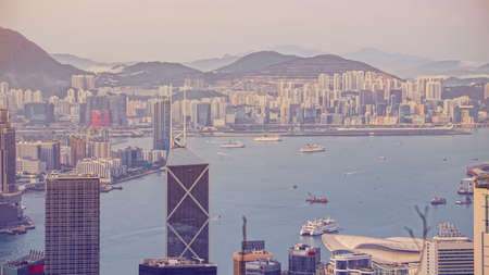 Close up of Hong Kong commercial and housing buildingの写真素材