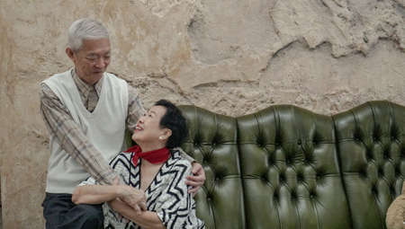 Wealthy Asian elderly couple happy hugging in luxury houseの写真素材
