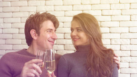 Caucasian couple celebrate early christmas morningの写真素材