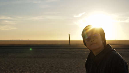 Asian traveler woman travel in desert morning sunrise background fun trip