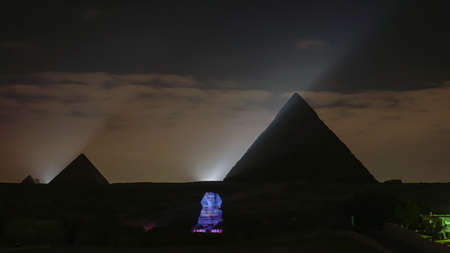 Giza pyramids light illumination show at night colorful and projection show world seven wondersの写真素材