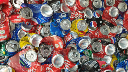 bangkok Thailand 14 Aug 2020 Compressed sheet of soda and drink cans for recycling purposeのeditorial素材