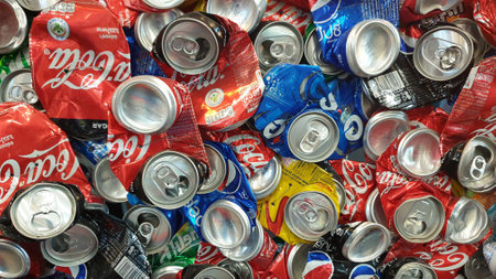 bangkok Thailand 14 Aug 2020 Compressed sheet of soda and drink cans for recycling purposeのeditorial素材