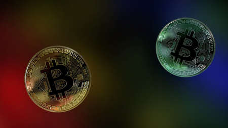 Neon light reflected on Bitcoin coin on vivid background new kind of financial technology copy space