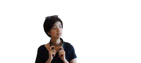 Cool short hair Asian woman young adult life style headphone sunglasses thinking with copy spaceの写真素材