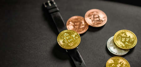 Watch with crypto coin as a face conceptual time and investment in