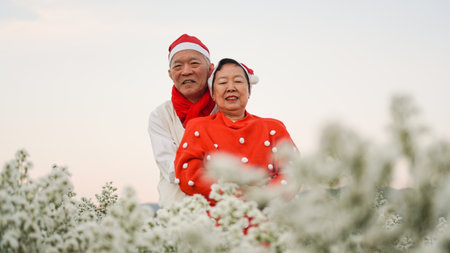 Asian senior elderly couple celebrating Christmas holiday season white flower and red sweater positive happiness emotionの写真素材
