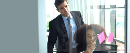 African and international professional colleague brainstrom business marketing plan banner