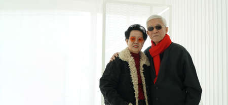 Asian eldery models in winter autumn fashion coat and jacket cool senior happy lifestyleの写真素材