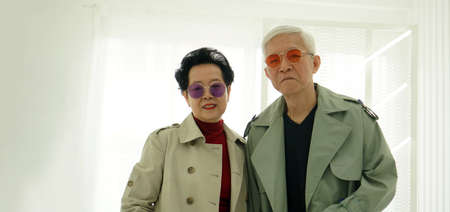 Asian eldery models in winter autumn fashion coat and jacket cool senior happy lifestyleの写真素材