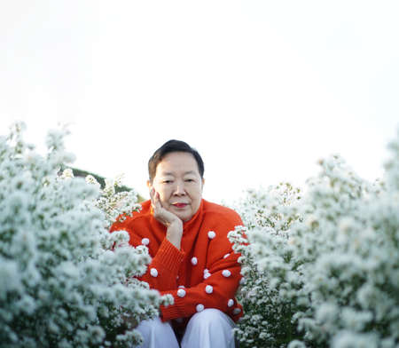 Asian elderly senior woman in red sweater Christmas New Year in flower field morningの写真素材