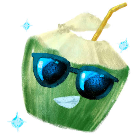 Fun coconut juice with sunglasses happy cool Summer vacation character hand drawing illustrationの写真素材