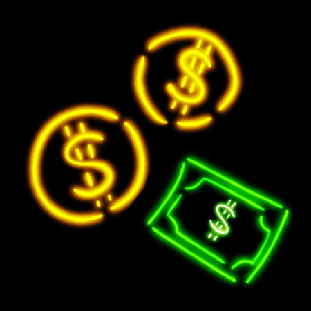 Coin and bank note money icon illuminate neon art signage illustrationの写真素材