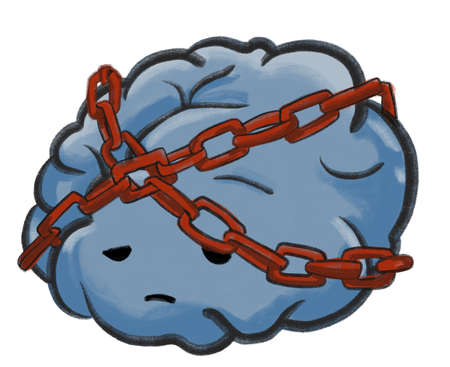 Chain lock on brain cartoon drawing mental depression problem illustration art