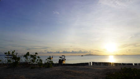 Bright blue sky with golden dawn sunrise at tropical Thailand beach coconut trees low angleの写真素材