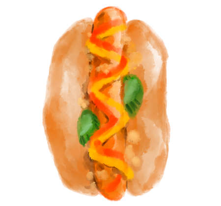 American style hot dog watercolor painiting illustration food artの写真素材