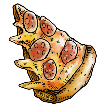 Salami pizza watercolor painting hand drawing outline illustration artの写真素材