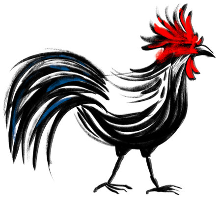Chicken rooster pet calligraph brush black ink painting chinese style illustration artの写真素材