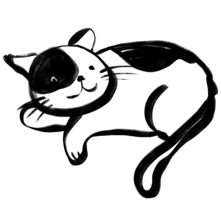 cat calligraphy black ink brush stroke sleeping happy pet animal illustration artの写真素材