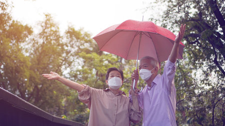 Asian senior elder couple walking in raining park share umbrella romantic love lifestyleの写真素材