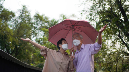 Asian senior elder couple walking in raining park share umbrella romantic love lifestyleの写真素材