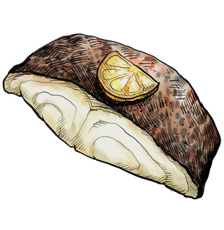 White meat fish fillet steak snapper, halibut cod grill watercolor seafood painting illustration artの写真素材