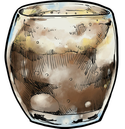 brown drink in glass cocoa, chocolate, cola cocktail hand draw illustration penの写真素材