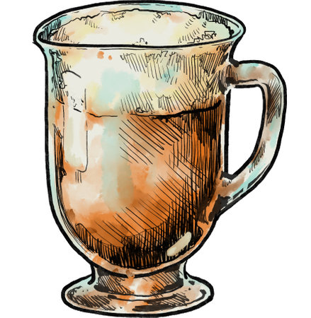 milk tea, thai tea drink in glass mug hand draw illustration penの写真素材