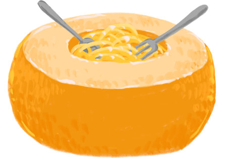 pasta alla routa, cheese wheel pasta hand painting illustration Italian food cheesy melt mix meal 4kの写真素材