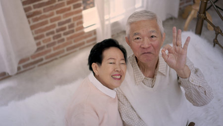 Asian older senior couple in rich wealthy house interior