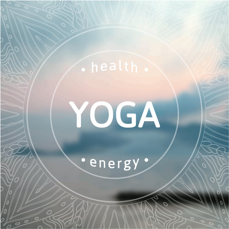 Yoga illustration. Name of yoga studio on a sunset background. Yoga class motto. Yoga sticker. Vector yoga. Yoga exercises, recreation, healthy lifestyle. Poster for yoga class with a sea view.の写真素材
