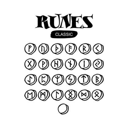 Scandinavian Celtic runes, classic futark. Black and white runic alphabet. Vector illustration.のイラスト素材