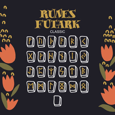 Scandinavian Celtic runes, classic futark. Runic alphabet on a colored background. Vector illustrationのイラスト素材