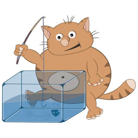 Funny cartoon fat redhead fishing for fish from an aquariumのイラスト素材