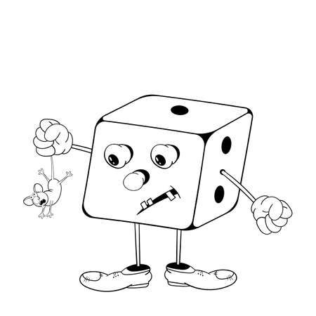 Funny cartoon dice game with eyes, arms and legs holding a little mouse in his hand. Black and white coloring.のイラスト素材