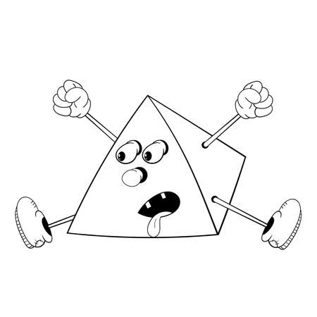 Funny cartoon pyramid with eyes, arms and legs in the shoes screaming and jumping stuck his tongue. Black and white coloring.のイラスト素材