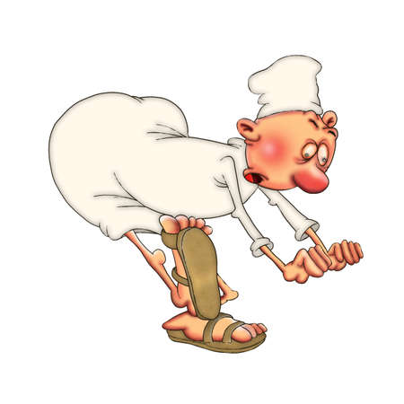 The cook leans over during the workflow. Illustration for design on a white background..の写真素材