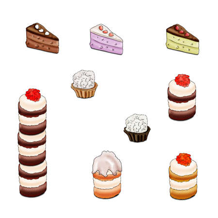 Set of multi-colored delicious cakes and cupcakes..