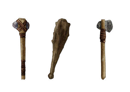 set of Prehistoric weapons. Club, ax, hammer. illustration on white background.