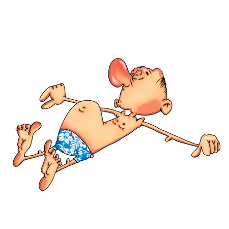 Sunbathing man in colored swimming trunks. Illustration on white background.の写真素材