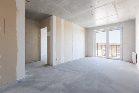 interior of the apartment without decoration in gray colorsの写真素材