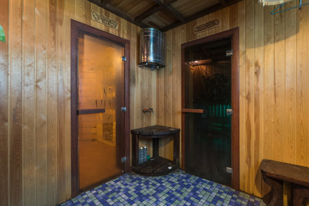 steam room lined with woodの写真素材