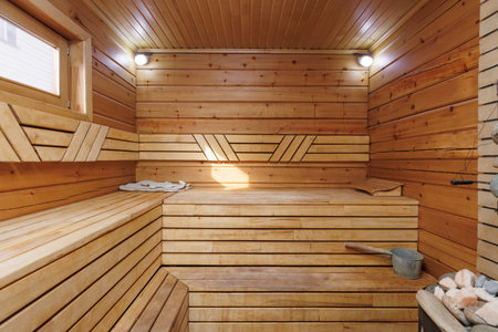 steam room lined with woodの写真素材