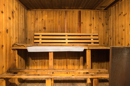 steam room lined with woodの写真素材