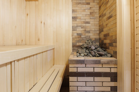 steam room lined with woodの写真素材