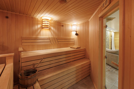 steam room lined with woodの写真素材