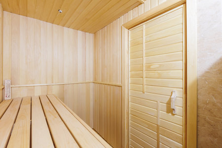 steam room lined with woodの写真素材