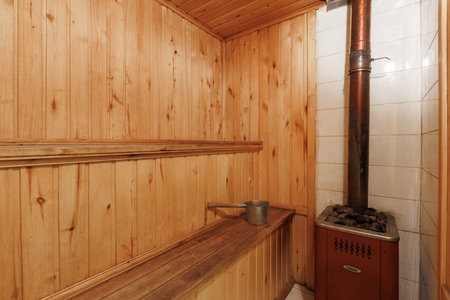 steam room lined with woodの写真素材