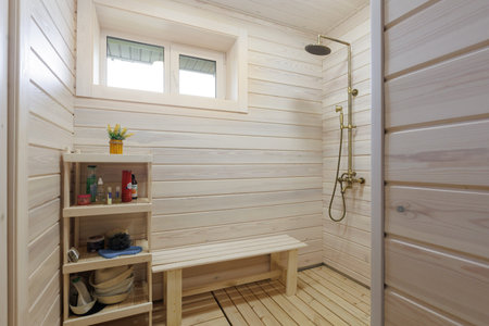 steam room lined with woodの写真素材