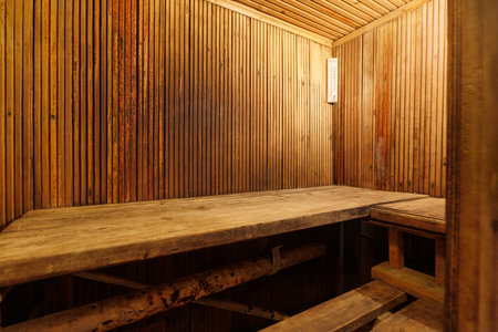 steam room lined with woodの写真素材